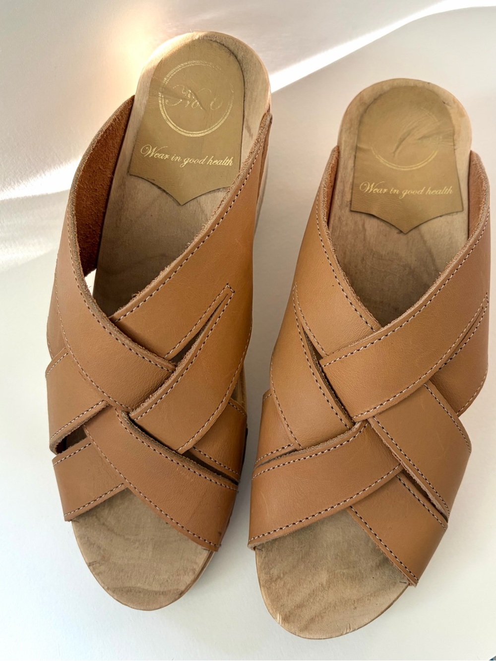NO.6 Basket Clog on Mid Wedge in Desert Tan Leather - Picture 3 of 7